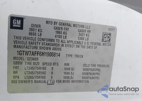 2017 GMC Savana 2500 Work Van из США, поврежденный, VIN 1GTW7AFF6H1906814